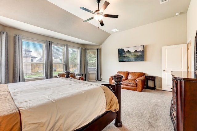 bedroom featuring light carpet, ceiling fan, and lofted ceiling