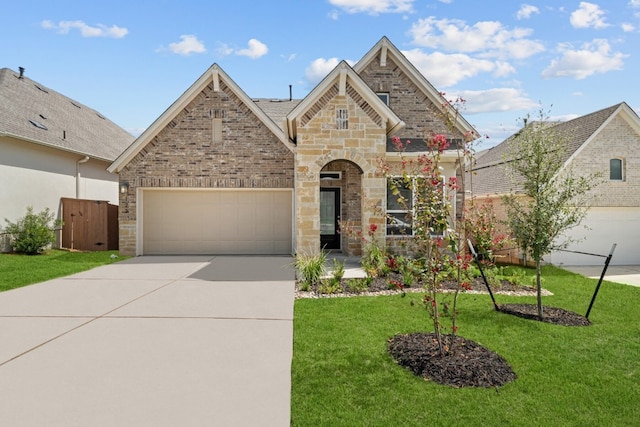 123 Cibolo Creek Loop, Bastrop, TX 78602 - view of front facade featuring concrete driveway, a front lawn, an attached garage, and stone siding