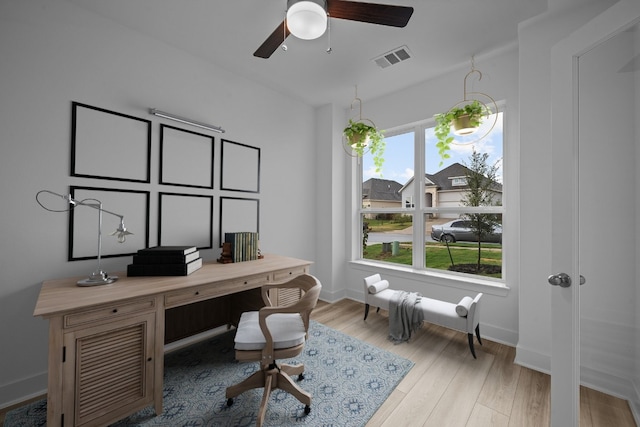 office featuring ceiling fan and light hardwood / wood-style flooring