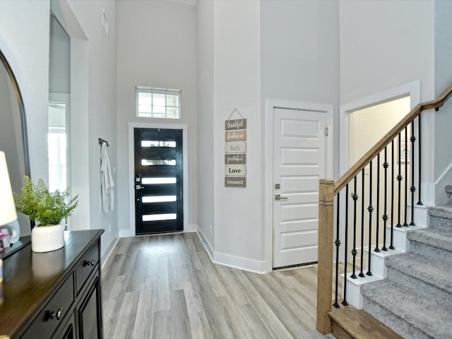 entryway featuring a high ceiling and light wood-type flooring