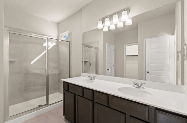 bathroom with a shower with door and vanity