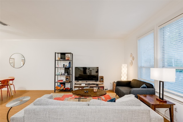 living room with wood-type flooring and crown molding