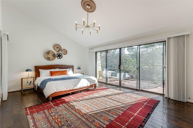 bedroom with high vaulted ceiling, access to outside, dark wood-style flooring, and an inviting chandelier