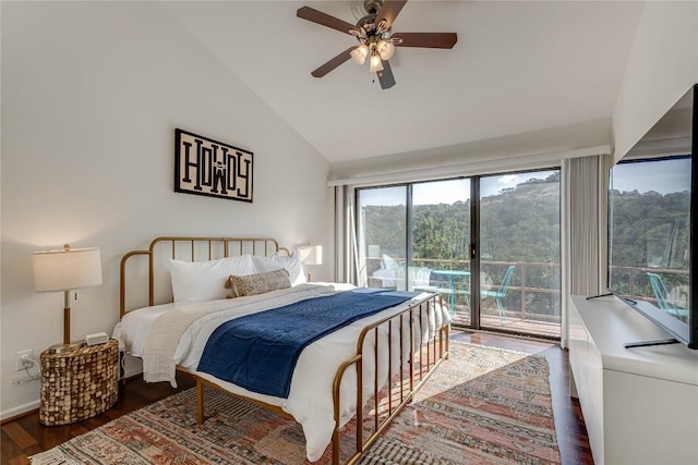 bedroom with high vaulted ceiling, access to exterior, a ceiling fan, and dark wood-type flooring