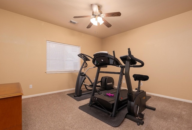 workout room featuring ceiling fan and carpet floors