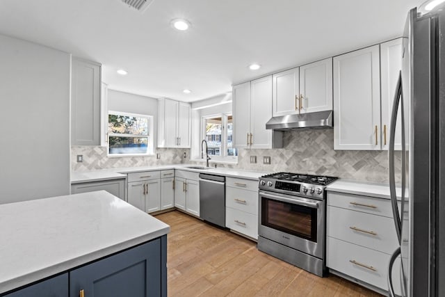 kitchen featuring white cabinets, light wood-type flooring, and stainless steel appliances