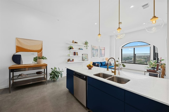 kitchen with stainless steel dishwasher, decorative light fixtures, concrete flooring, and sink