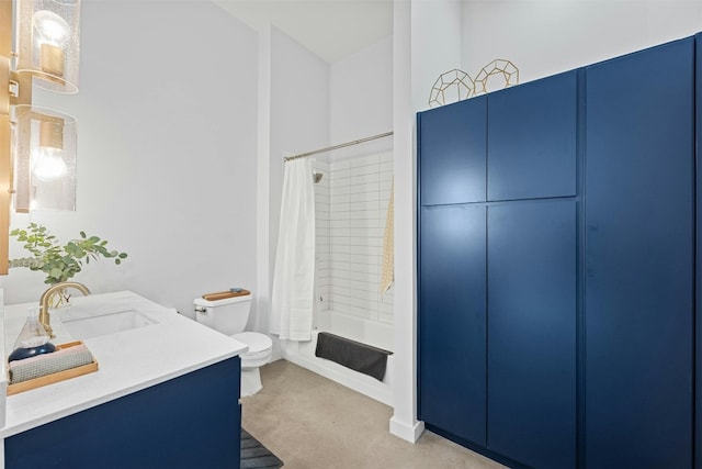 full bathroom with vanity, shower / bath combination with curtain, and toilet