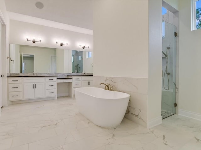 bathroom with plus walk in shower and vanity