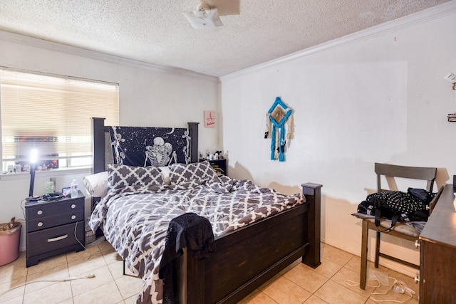 tiled bedroom with a textured ceiling and ornamental molding