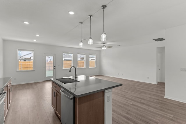 kitchen with ceiling fan, appliances with stainless steel finishes, an island with sink, light hardwood / wood-style floors, and sink