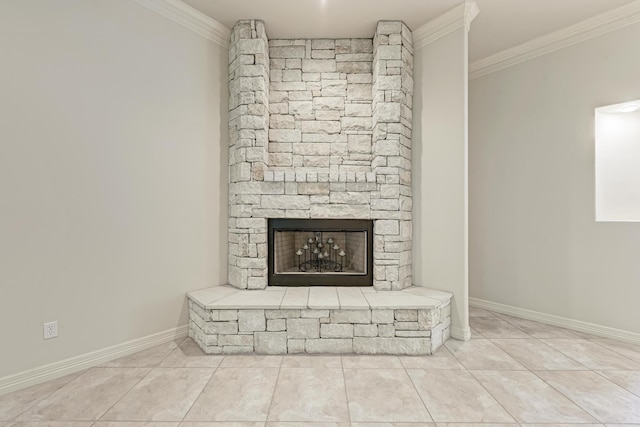 interior details with crown molding and a fireplace