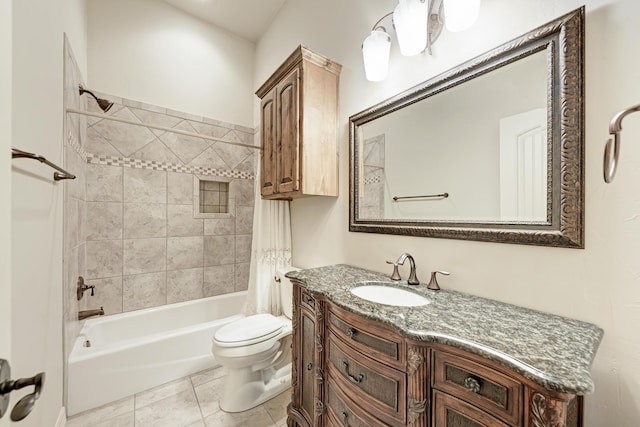 full bathroom with toilet, tile patterned flooring, vanity, and shower / bath combo with shower curtain