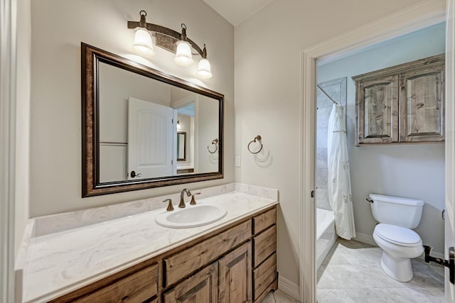 full bathroom featuring toilet, shower / tub combo, tile patterned flooring, and vanity