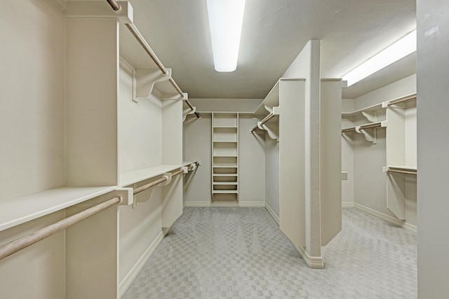 walk in closet featuring light colored carpet