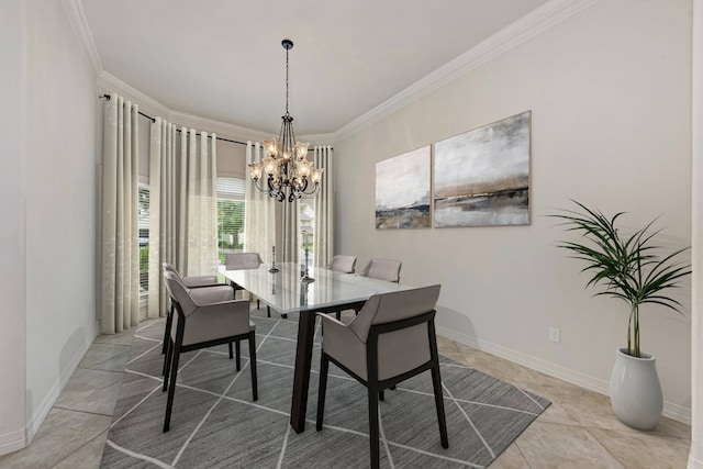 dining room with light tile patterned flooring, crown molding, and a chandelier