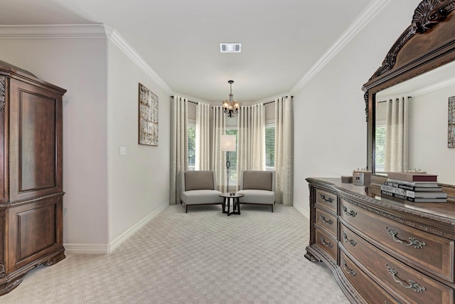 sitting room featuring light carpet, plenty of natural light, crown molding, and a notable chandelier