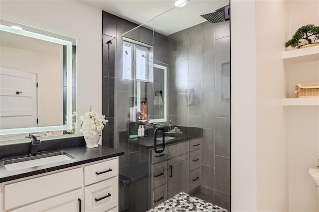 bathroom featuring vanity and a shower with door