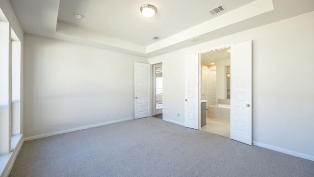 unfurnished bedroom with light colored carpet and a raised ceiling