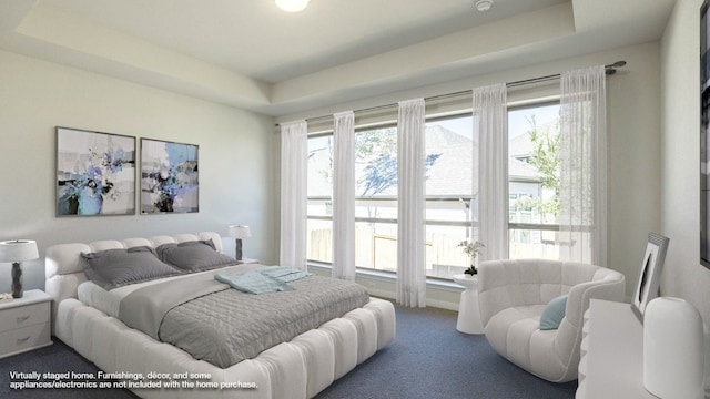 bedroom with a tray ceiling and dark carpet