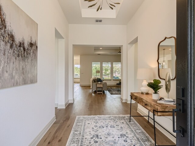 hallway featuring wood-type flooring and a raised ceiling