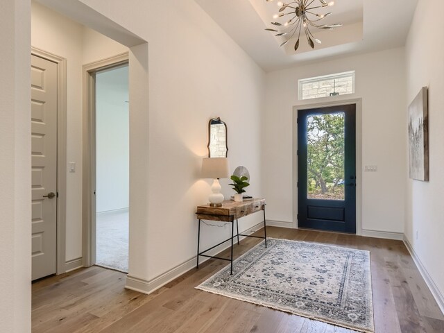 foyer entrance featuring a notable chandelier, light hardwood / wood-style flooring, and a tray ceiling