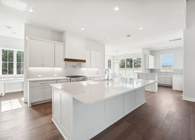 kitchen with custom exhaust hood, a spacious island, stainless steel range, dark hardwood / wood-style flooring, and white cabinetry