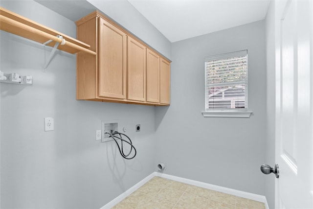 laundry area with hookup for a washing machine, hookup for an electric dryer, cabinets, and light tile floors