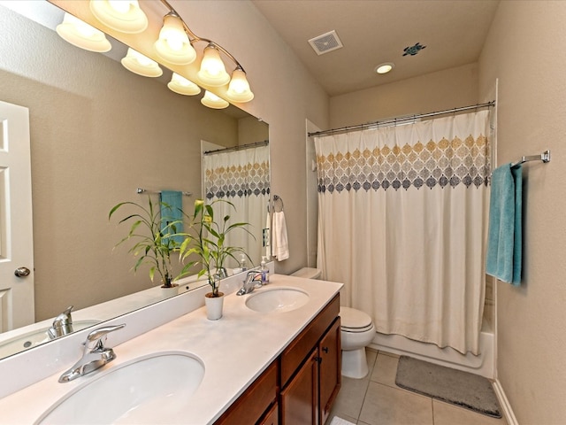 full bathroom featuring double vanity, tile flooring, shower / bath combination with curtain, and toilet