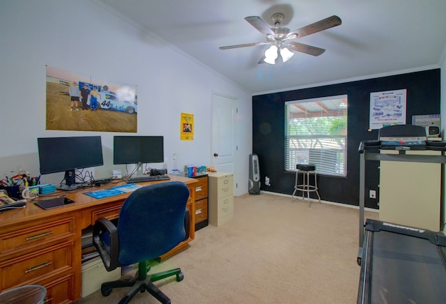 office space with light carpet, ceiling fan, and crown molding