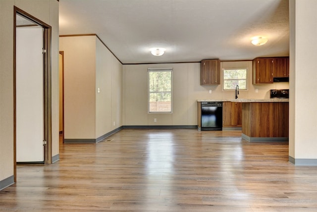 kitchen featuring stove, light hardwood / wood-style flooring, ventilation hood, sink, and black dishwasher