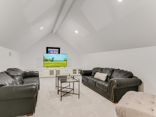 carpeted living room featuring lofted ceiling with beams