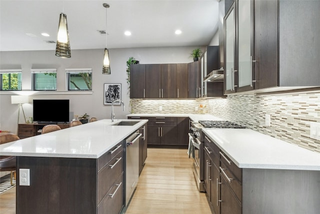 kitchen featuring light hardwood / wood-style flooring, an island with sink, appliances with stainless steel finishes, sink, and tasteful backsplash