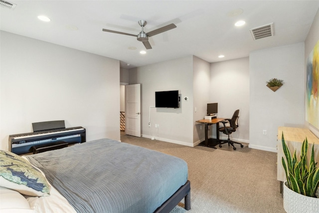 carpeted bedroom with ceiling fan