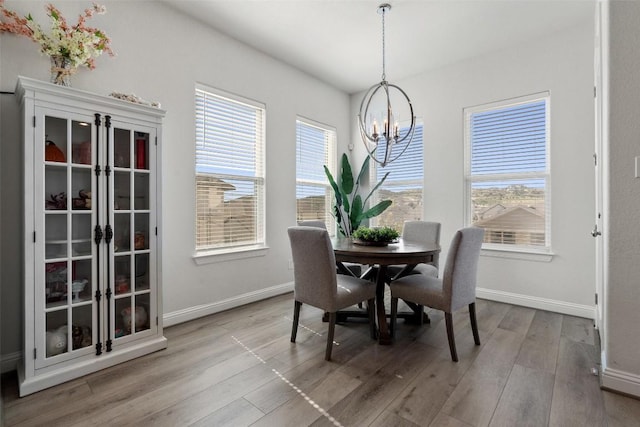 dining area featuring hardwood / wood-style floors and a notable chandelier