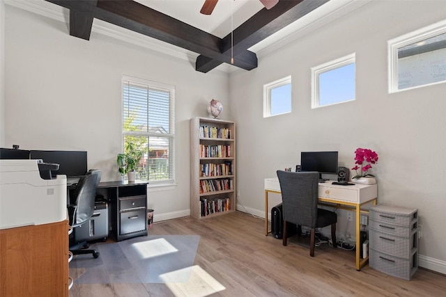 office area featuring coffered ceiling, a healthy amount of sunlight, beam ceiling, and light hardwood / wood-style floors