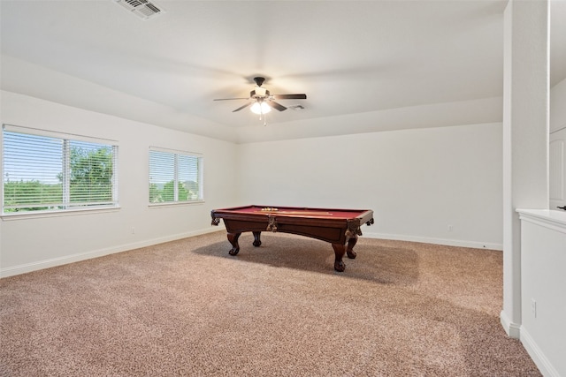 recreation room with light carpet, ceiling fan, and pool table