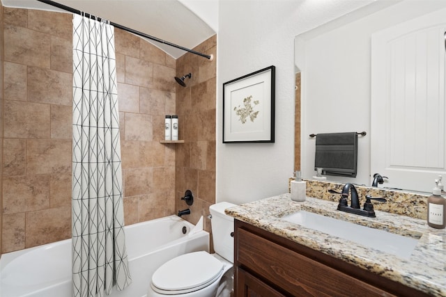 full bathroom featuring shower / bath combination with curtain, toilet, and vanity