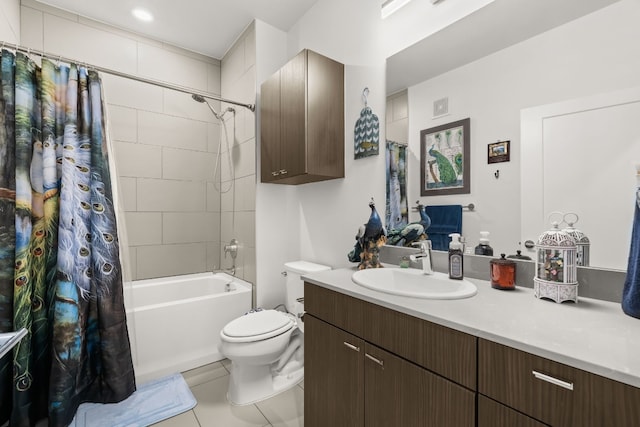 full bathroom featuring tile floors, shower / tub combo, vanity, and toilet