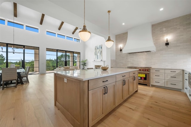 kitchen with tasteful backsplash, light wood-type flooring, custom range hood, and high end stainless steel range oven