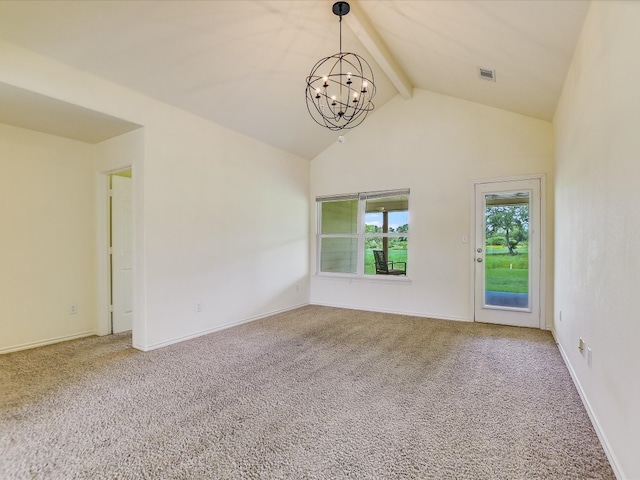 carpeted spare room featuring lofted ceiling with beams and a chandelier