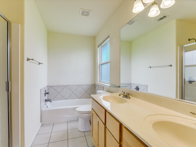 full bathroom with oversized vanity, dual sinks, toilet, tile flooring, and independent shower and bath