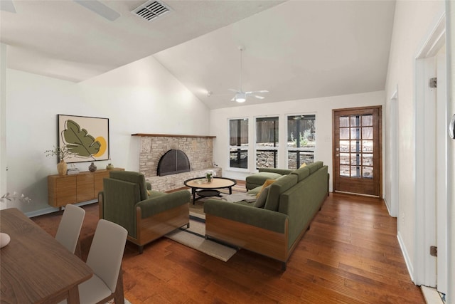 living room featuring high vaulted ceiling, ceiling fan, and dark hardwood / wood-style flooring