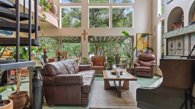 living room with a healthy amount of sunlight and a high ceiling