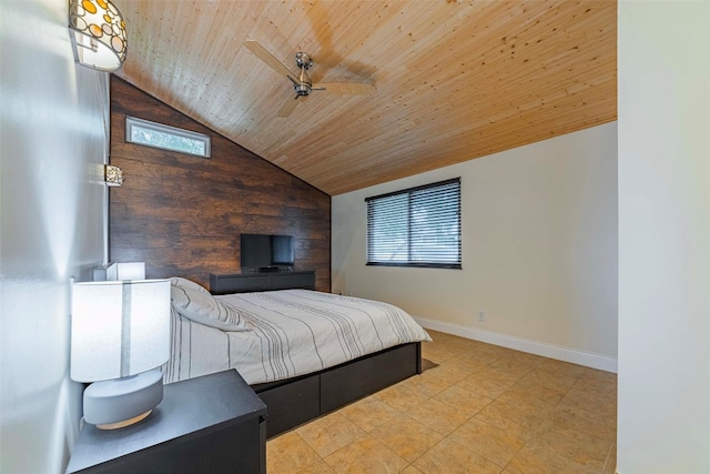 tiled bedroom with wooden walls, lofted ceiling, and wood ceiling