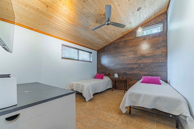 tiled bedroom featuring vaulted ceiling, ceiling fan, and wood ceiling