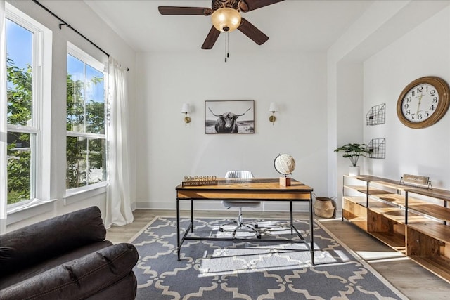 office area featuring hardwood / wood-style floors and ceiling fan