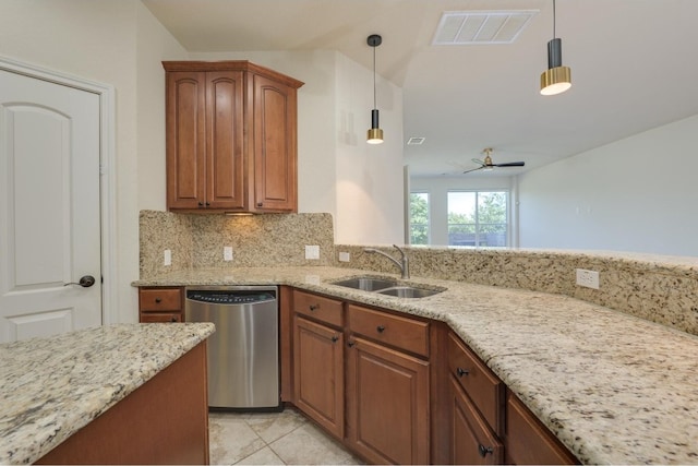 kitchen featuring dishwasher, sink, backsplash, light tile patterned floors, and ceiling fan