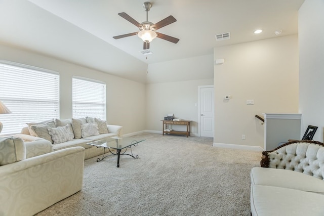 living room with carpet and ceiling fan