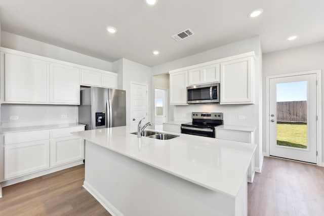 kitchen featuring visible vents, light countertops, stainless steel appliances, white cabinetry, and a sink